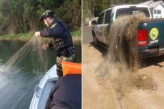 Policia ambiental apreende 24o metros de redes de pesca no alagado Salto do Ozorio no Parana