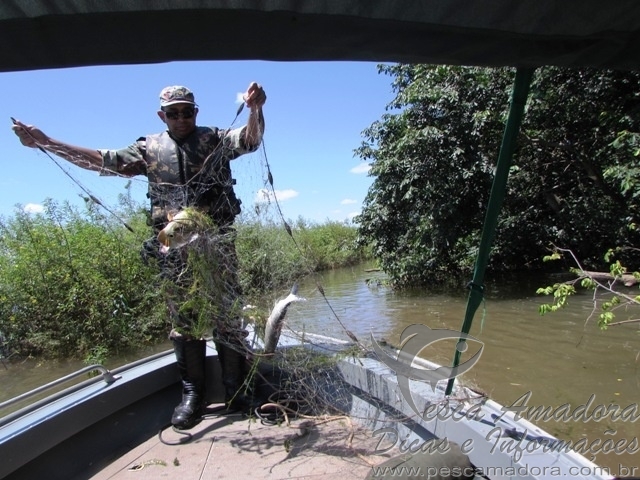 PMA prende dois com 20 Kg de pescado, anzóis de galho e redes pesca no MS