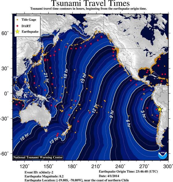 Terremoto na costa chilena  de 8.2 – alerta de tsunami em efeitos para o Chile, Peru, Equador
